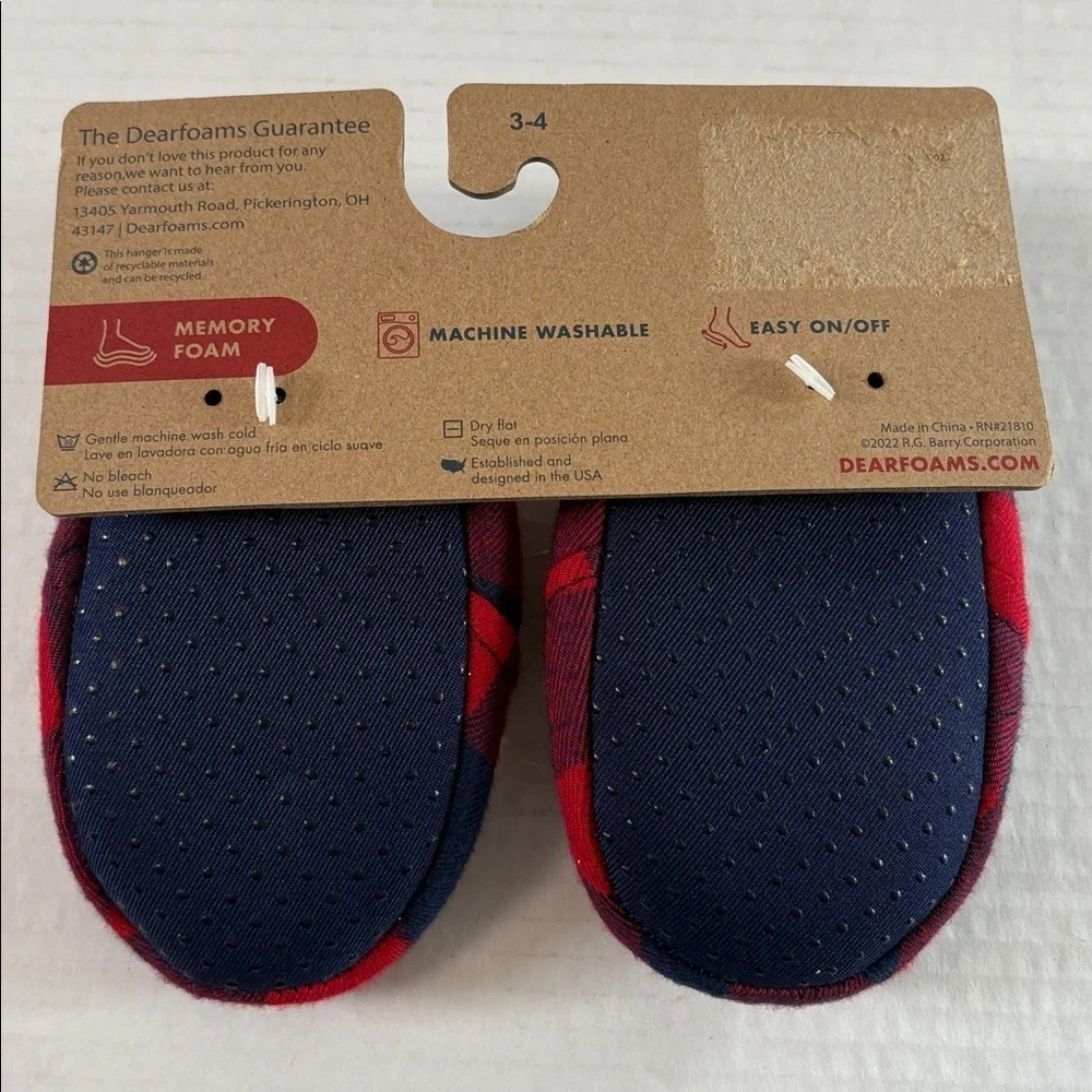 Dearfoams Baby Bear Red Blue Plaid Baby Slippers Memory Foam Size 3/4
